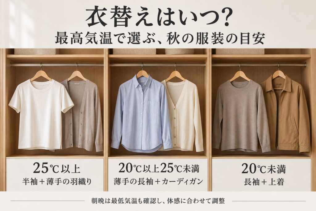 衣替えはいつ？秋の気温別に半袖・長袖・上着を使い分ける目安の図