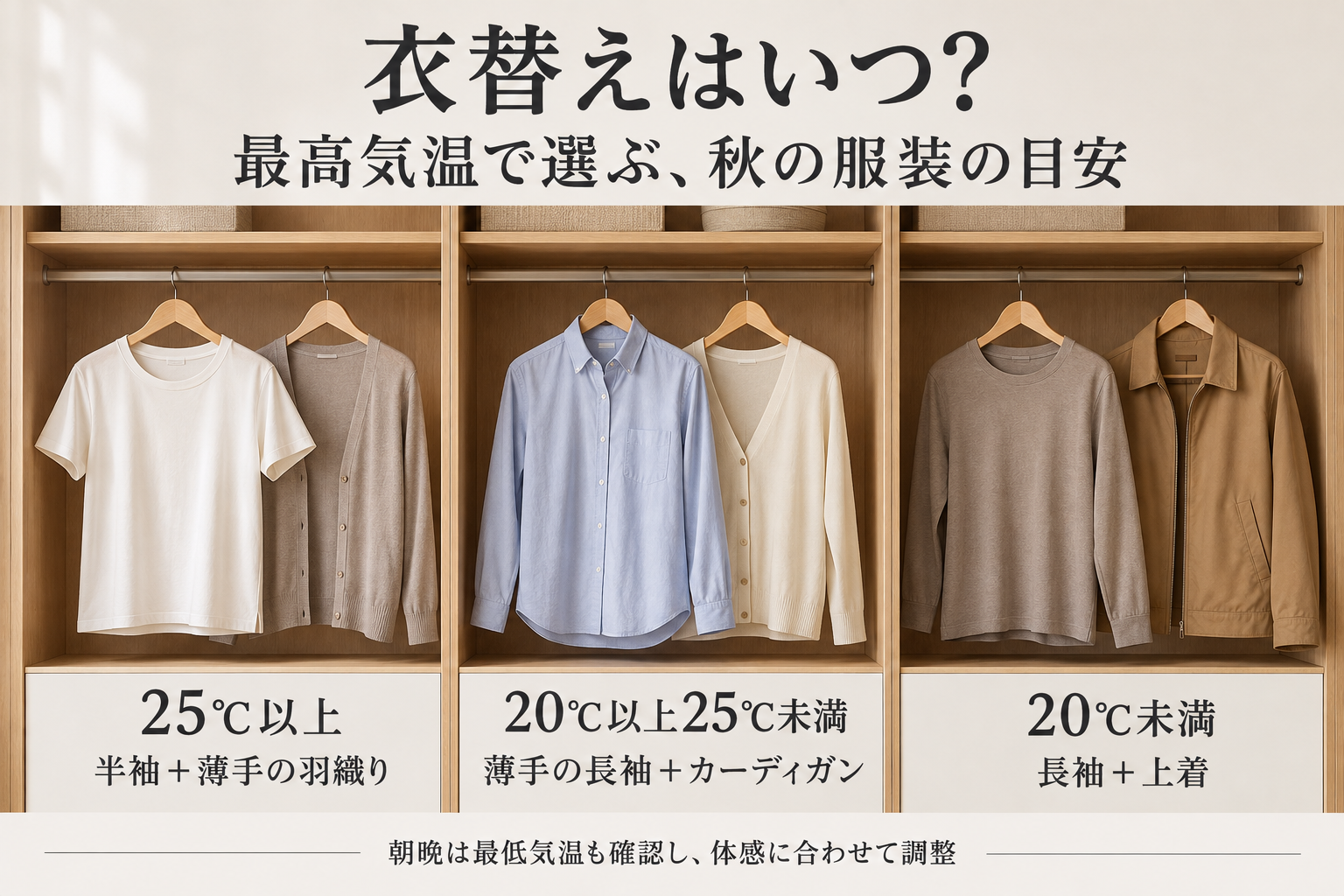 衣替えはいつ？秋の気温別に半袖・長袖・上着を使い分ける目安の図
